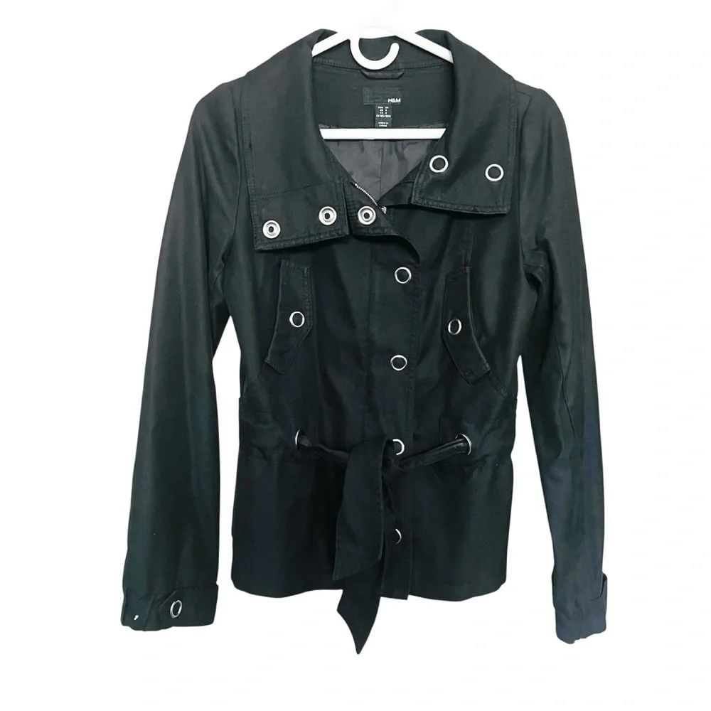 H&M Black Cropped Trench Coat SZ 4 Classic Casual Belted High Collar 2000s - Picture 1 of 12